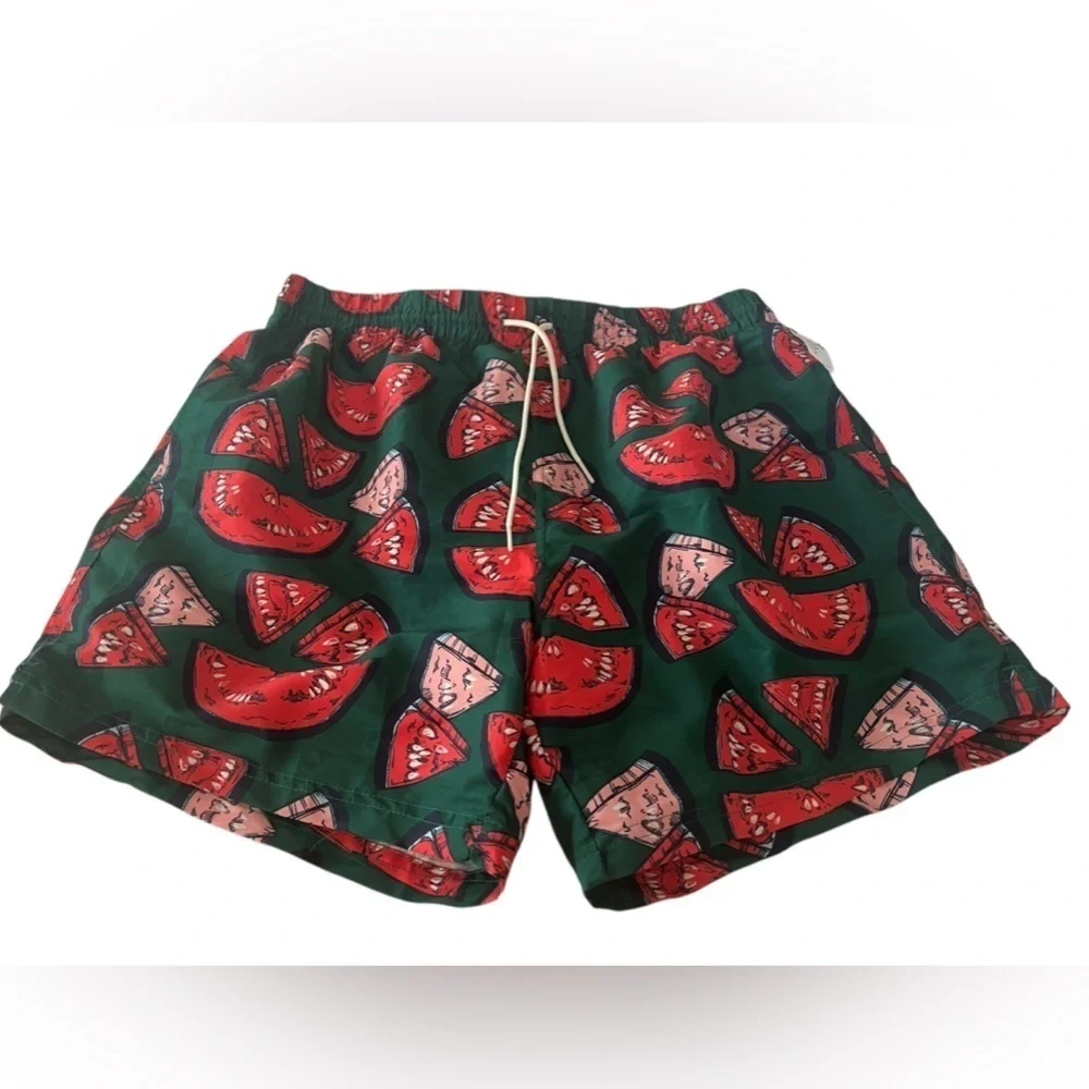 NWT Pink Chicken Blue Rooster Men’s Watermelon Puzzle Swim Trunks in size XL